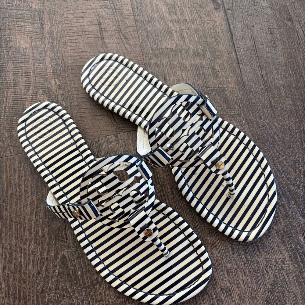 Tory Burch Black and Cream Striped Sandals